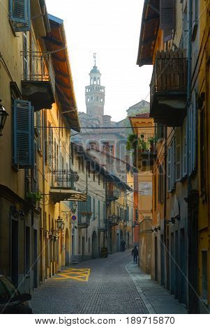 SALUZZO, ITALY, OCT,10, 2007: Classical old fashion antique houses buildings architecture on street of Saluzzo. Italian architecture painting ornaments elements jalousie. Italy holidays vacation tours