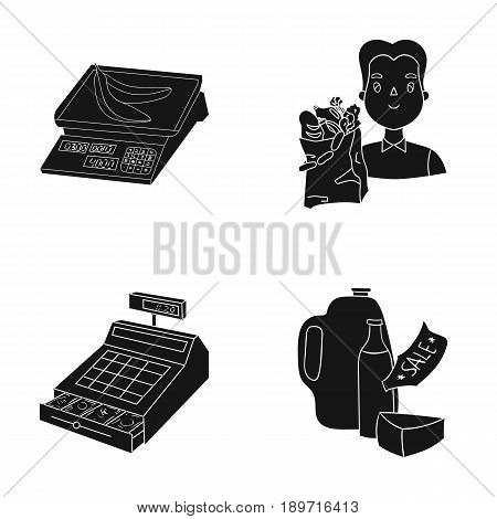 Package, scales, banana, fruit .Supermarket set collection icons in black style vector symbol stock illustration .