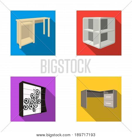 Dressing table, corner shelves, computer desk, wardrobe with glass. Bedroom furniture set collection icons in flat style vector symbol stock illustration .