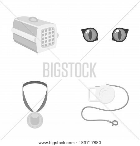 Cat s eyes, medal, leash tape measure, container for the animal.Cat set collection icons in monochrome style vector symbol stock illustration .