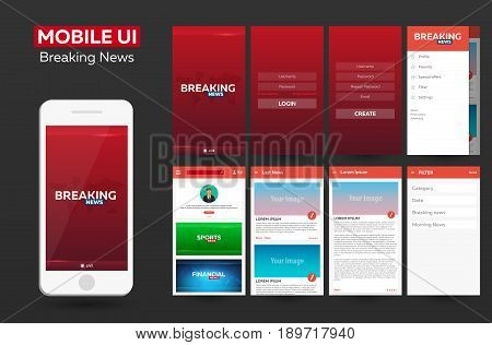 Mobile App Breaking News Material Design Ui, Ux, Gui. Responsive Website.