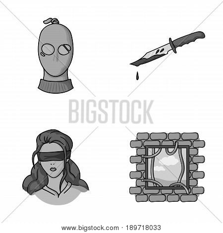 A thief in a mask, a bloody knife, a hostage, an escape from prison.Crime set collection icons in monochromet style vector symbol stock illustration .