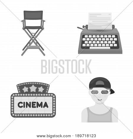 Chair of the director, typewriter, cinematographic signboard, film-man. Films and cinema set collection icons in monochrome style vector symbol stock illustration .