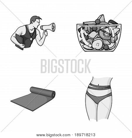 Personal trainer, fruit salad, mat, female waist. Fitnes set collection icons in monochromet style vector symbol stock illustration .