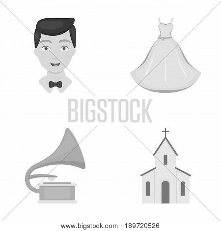 Wedding dress, groom, gramophone, church. Wedding set collection icons in monochrome style vector symbol stock illustration .