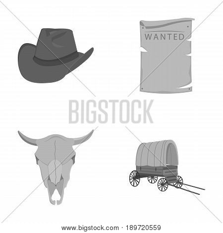 Cowboy hat, is searched, cart, bull s skull. Wild West set collection icons in monochrome style vector symbol stock illustration .