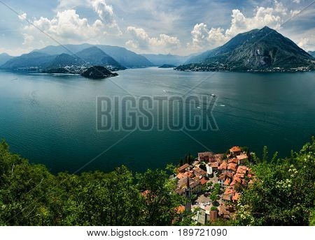 Aerial view on Lake Como and Varenna from Castello di Vezio, Lombardy, Italy