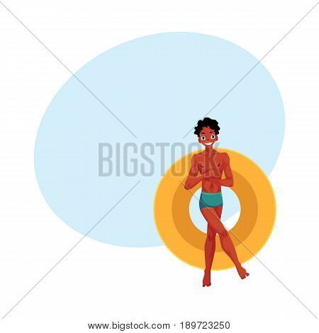 Young black, African American man resting on inflatable ring with crossed arms and legs, top view cartoon vector illustration with space for text. Young black man, boy on inflatable ring