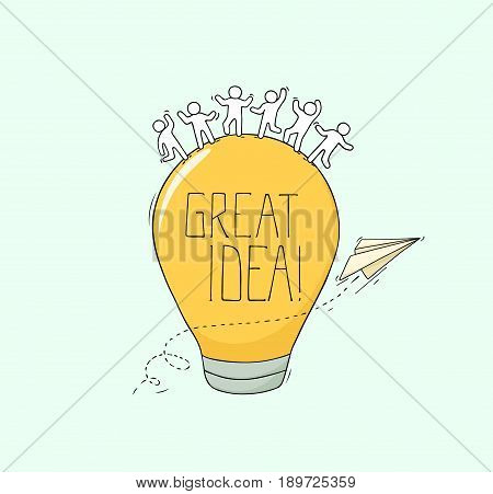 Sketch of working little creative people. Doodle cute miniature scene about Great Idea. Hand drawn cartoon vector illustration for business design and infographic.