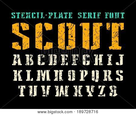 Stencil-plate serif font in military style. Letters with shabby texture. Print on black background