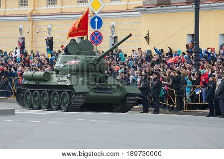 SAINT-PETERSBURG, RUSSIA - JULY 18, 2015: Soviet tank of the Great Patriotic War T-34-85 on the parade in honor of the Victory Day