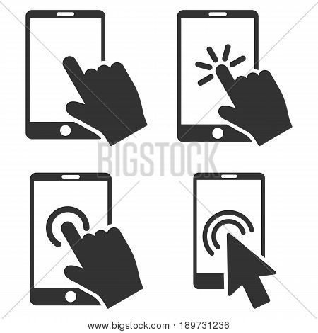 Mobile Phone And Hand Pointer vector icon clip art. Collection style is gray flat symbols on a white background.