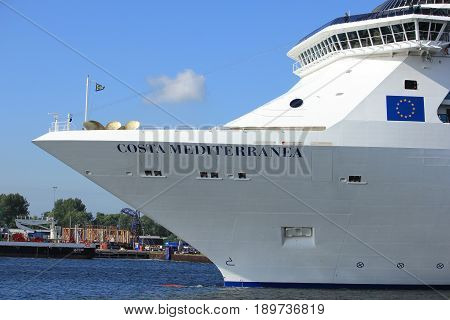 Velsen The Netherlands - May 30th 2017: Costa Mediterranea on North Sea Channel detail