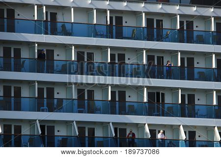 Velsen The Netherlands - May 30th 2017: Costa Mediterranea on North Sea Channel detail of passenger cabins