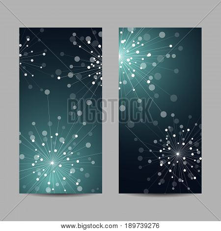 Set of vertical banners. Abstract geometric background with connected lines and dots in a shape of fireworks. Vector illustration.
