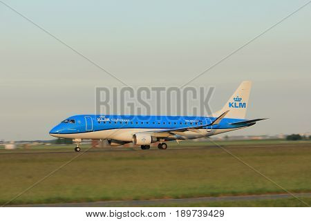 Amsterdam the Netherlands - June 1st 2017: PH-EXJ KLM Cityhopper Embraer ERJ-175STD taking off from Polderbaan Runway Amsterdam Airport Schiphol
