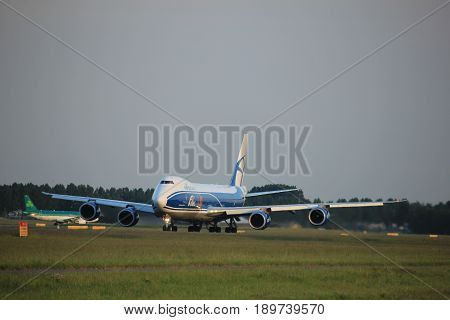 Amsterdam the Netherlands - June 1st 2017: VQ-BVR AirBridgeCargo Boeing 747-8F taking off from Polderbaan Runway Amsterdam Airport Schiphol