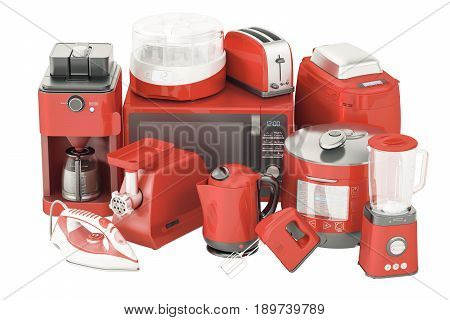 Set of red kitchen home appliances. Toaster kettle coffeemaker iron microwave oven mixer blender "yogurt maker" multicooker grinder bread machine 3D rendering