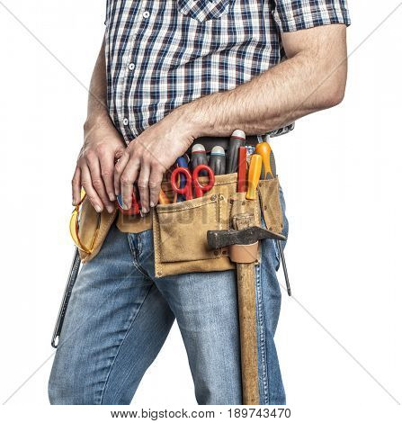 detail of handyman with toolsbelt and tools isolated on white background
