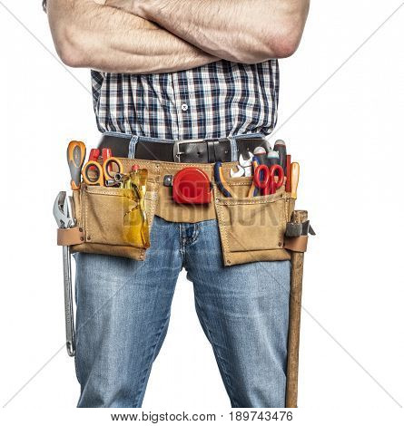 detail of handyman with toolsbelt and tools isolated on white background