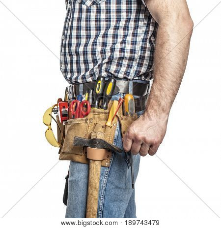 detail of handyman with toolsbelt and tools isolated on white background