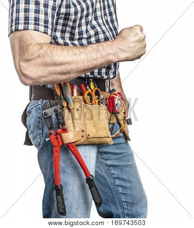 detail of handyman with toolsbelt and tools isolated on white background