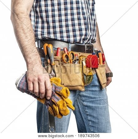 detail of handyman with toolsbelt and tools isolated on white background