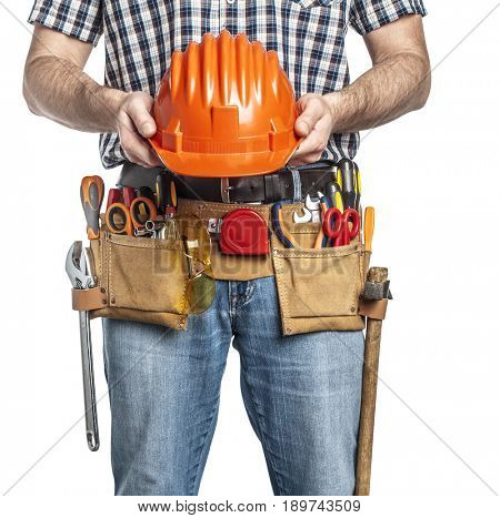 detail of handyman with toolsbelt and tools isolated on white background