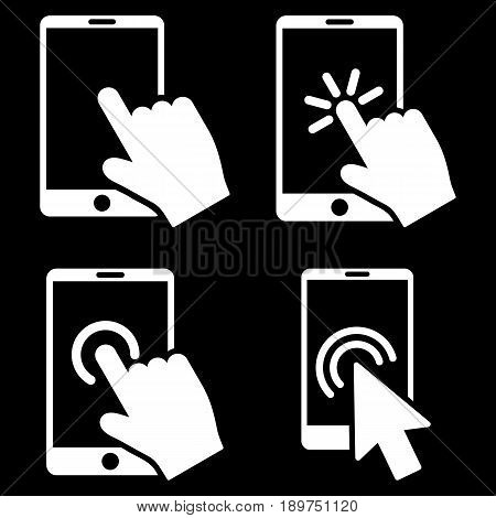 Mobile Phone And Hand Pointer vector icon collection. Collection style is white flat symbols on a black background.