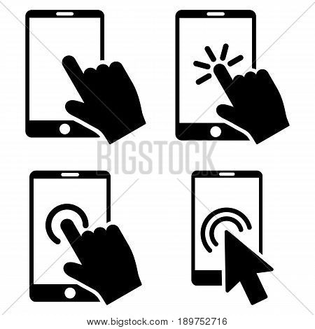 Mobile Phone And Hand Pointer vector icon set. Collection style is black flat symbols on a white background.
