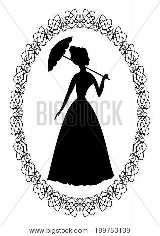 Vintage retro drawing with silhouette of rococo lady with umbrella in fine oval lace frame. Decoration for ball invitation or greeting.