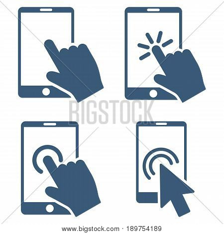 Mobile Phone And Hand Pointer vector icon set. Collection style is blue flat symbols on a white background.