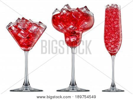 fresh fruit alcohol cocktail or mocktail in margaritta, martini, champagne glass with red beverage and ice cubes isolated on white background