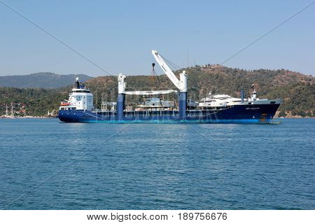 1ST JUNE 2017, FETHIYE, TURKEY : Deo Volente, a boat transporter ship in the bay of fethiye, turkey, 1st june 2017