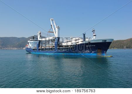 1ST JUNE 2017, FETHIYE, TURKEY : Deo Volente, a boat transporter ship in the bay of fethiye, turkey, 1st june 2017