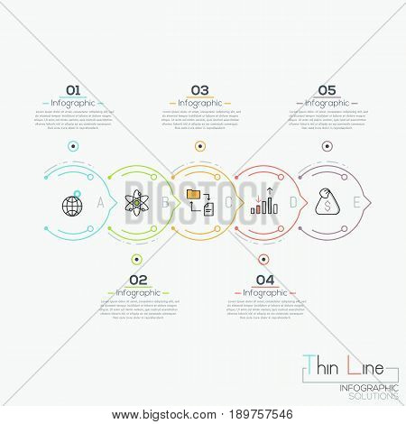 Horizontal diagram with 5 colored circular elements successively connected by arrows and text boxes. Infographic design layout. Project progress report concept. Vector illustration in thin line style.