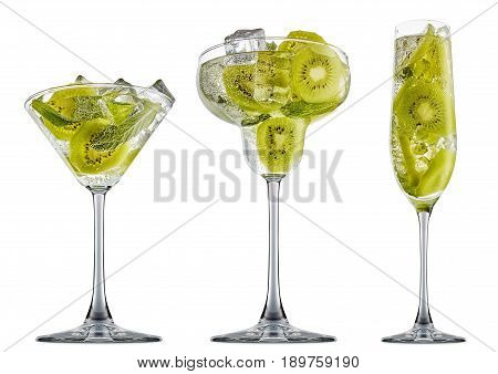 fresh fruit alcohol cocktail or mocktail in margaritta, martini, champagne glass with ice cubes, kiwi and mint isolated on white background