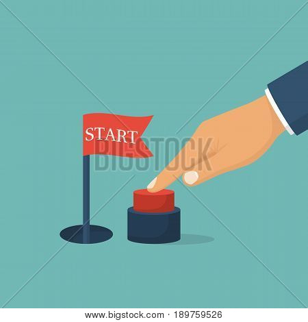 Press start button. Businessman pushing hand, red button. Red flag signaling a successful start. Vector illustration flat design. Isolated on background.