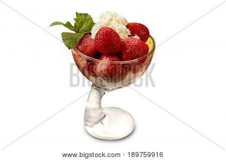 Strawberries with cream in a kremanka on a white background isolation