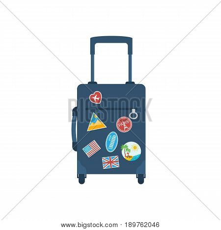 Travel bag with handle on wheels. Time to travel concept, template banner. Vector illustration flat design. Tourist suitcase. Isolated on background. Stickers from all over world, sign of journeys.