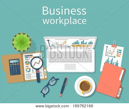Desktop with documents, laptop and office equipment. Flat design vector illustration. Desk for: businessman, designer, student, office worker. Work station for financial training, planning, marketing.