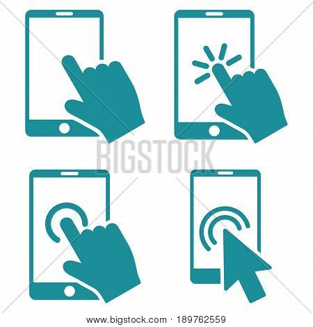 Mobile Phone And Hand Pointer vector icon clip art. Collection style is soft blue flat symbols on a white background.
