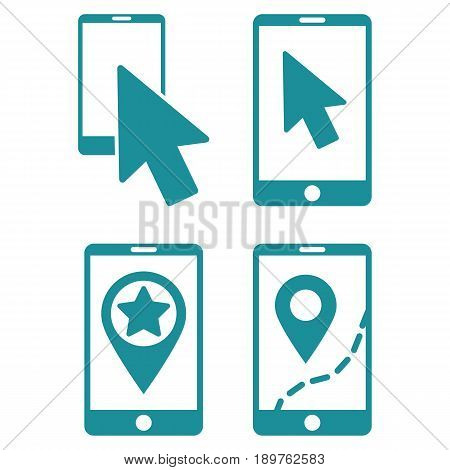 Mobile Phone And Pointer vector icon clip art. Collection style is soft blue flat symbols on a white background.