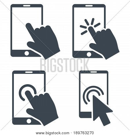 Mobile Phone And Hand Pointer vector icon collection. Collection style is smooth blue flat symbols on a white background.
