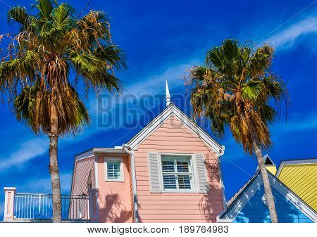 green palm trees and pink white and yellow buildings against a blue sky background