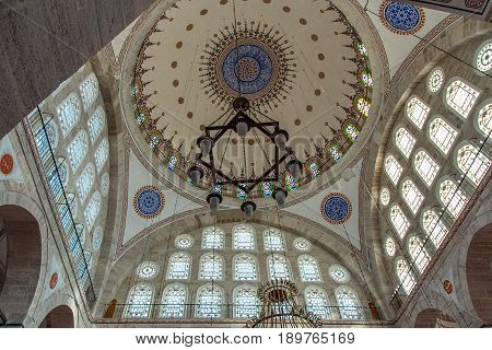 ISTANBUL TURKEY - APRIL 30 2017: Detail of interior of Mihrimah Sultan Mosque in the area Edirnekapi Istanbul's historic center