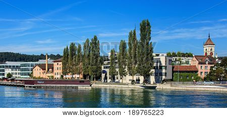 Schaffhausen, Switzerland - 29 August, 2015: buildings along the Rhine river. Schaffhausen is a city in northern Switzerland and the capital of the Swiss canton of Schaffhausen.