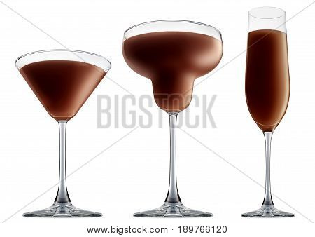Original Irish Cream Liqueuron alcohol cocktail or chocolate mocktail in classic margaritta, martini, champagne with brown beverage isolated on white background
