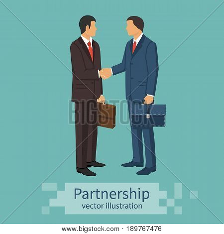Partnership concept. Business meeting. Two businessmen in suits with briefcase shake hand. Handshake symbol successfu deal. Vector illustration flat design isolated on background. Professional people.