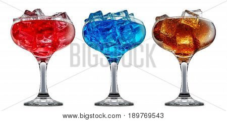 fresh fruit alcohol cocktail or mocktail in margarita glass with blue red and orange beverage isolated on white background